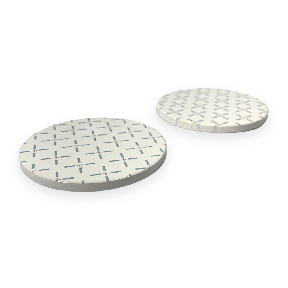 Set of 2 Ceramic Coasters with Cork‎ Backing 4” Diameter Blue Rust Country Print
